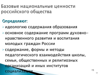 Определяют: идеологию содержания образования основное содержание программ духовно-нравственного развития и воспитания молодых граждан России содержание, формы и методы   педагогического взаимодействия школы, семьи, общественных и религиозных организаций и иных институтов социализации 