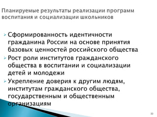 Сформированность идентичности гражданина России на основе принятия базовых ценностей российского общества Рост роли институтов гражданского общества в воспитании и социализации детей и молодежи Укрепление доверия к другим людям, институтам гражданского общества, государственным и общественным организациям 