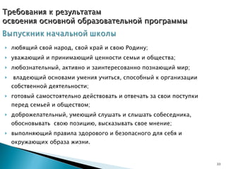 любящий свой народ, свой край и свою Родину;  уважающий и принимающий ценности семьи и общества; любознательный, активно и заинтересованно познающий мир; владеющий основами умения учиться, способный к организации собственной деятельности;  готовый самостоятельно действовать и отвечать за свои поступки перед семьей и обществом;  доброжелательный, умеющий слушать и слышать собеседника, обосновывать  свою позицию, высказывать свое мнение;  выполняющий правила здорового и безопасного для себя и окружающих образа жизни.  Требования к результатам  освоения основной образовательной программы 