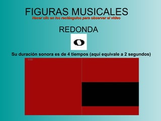 FIGURAS MUSICALES Su duración sonora es de 4 tiempos (aquí equivale a 2 segundos) REDONDA Hacer clic en los rectángulos para observar el video 