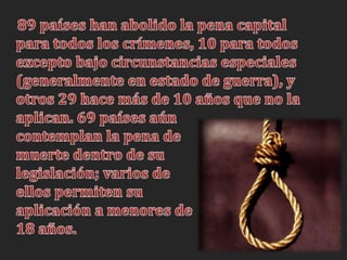     89 países han abolido la pena capital para todos los crímenes, 10 para todos excepto bajo circunstancias especiales (generalmente en estado de guerra), y otros 29 hace más de 10 años que no la aplican. 69 países aún contemplan la pena de muerte dentro de su legislación; varios de ellos permiten su aplicación a menores de 18 años.