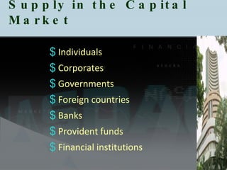 Supply in the Capital Market Individuals  Corporates  Governments  Foreign countries  Banks  Provident funds  Financial institutions  