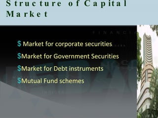 Structure of Capital Market Market for corporate securities Market for Government Securities Market for Debt instruments Mutual Fund schemes 