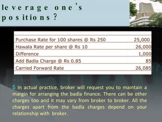 The Use Badla to leverage one's positions?  In actual practice, broker will request you to maintain a margin for arranging the badla finance. There can be other charges too and it may vary from broker to broker. All the charges apart from the badla charges depend on your relationship with  broker.  Purchase Rate for 100 shares @ Rs 250 25,000  Hawala Rate per share @ Rs 10 26,000 Difference 1,000 Add Badla Charge @ Rs 0.85  85 Carried Forward Rate  26,085 