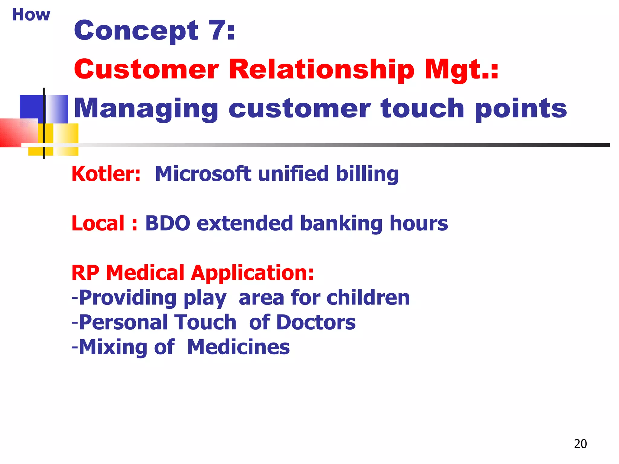 Concept 7: Customer Relationship Mgt.:  Managing customer touch points Kotler:   Microsoft unified billing Local :   BDO extended banking hours RP Medical Application: Providing play  area for children Personal Touch  of Doctors Mixing of  Medicines How 20 