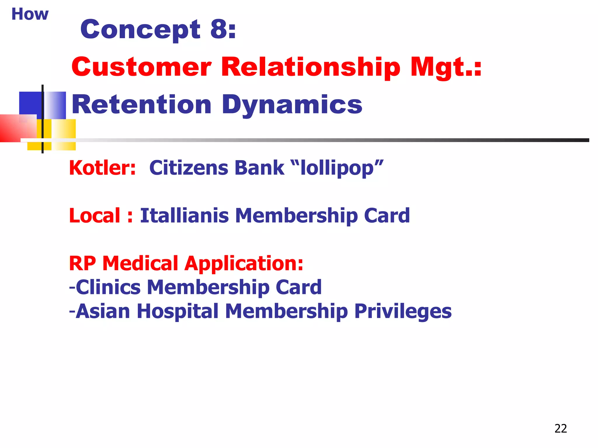   Concept 8: Customer Relationship Mgt.:  Retention Dynamics Kotler:   Citizens Bank “lollipop” Local :   Itallianis Membership Card RP Medical Application: Clinics Membership Card Asian Hospital Membership Privileges How 22 
