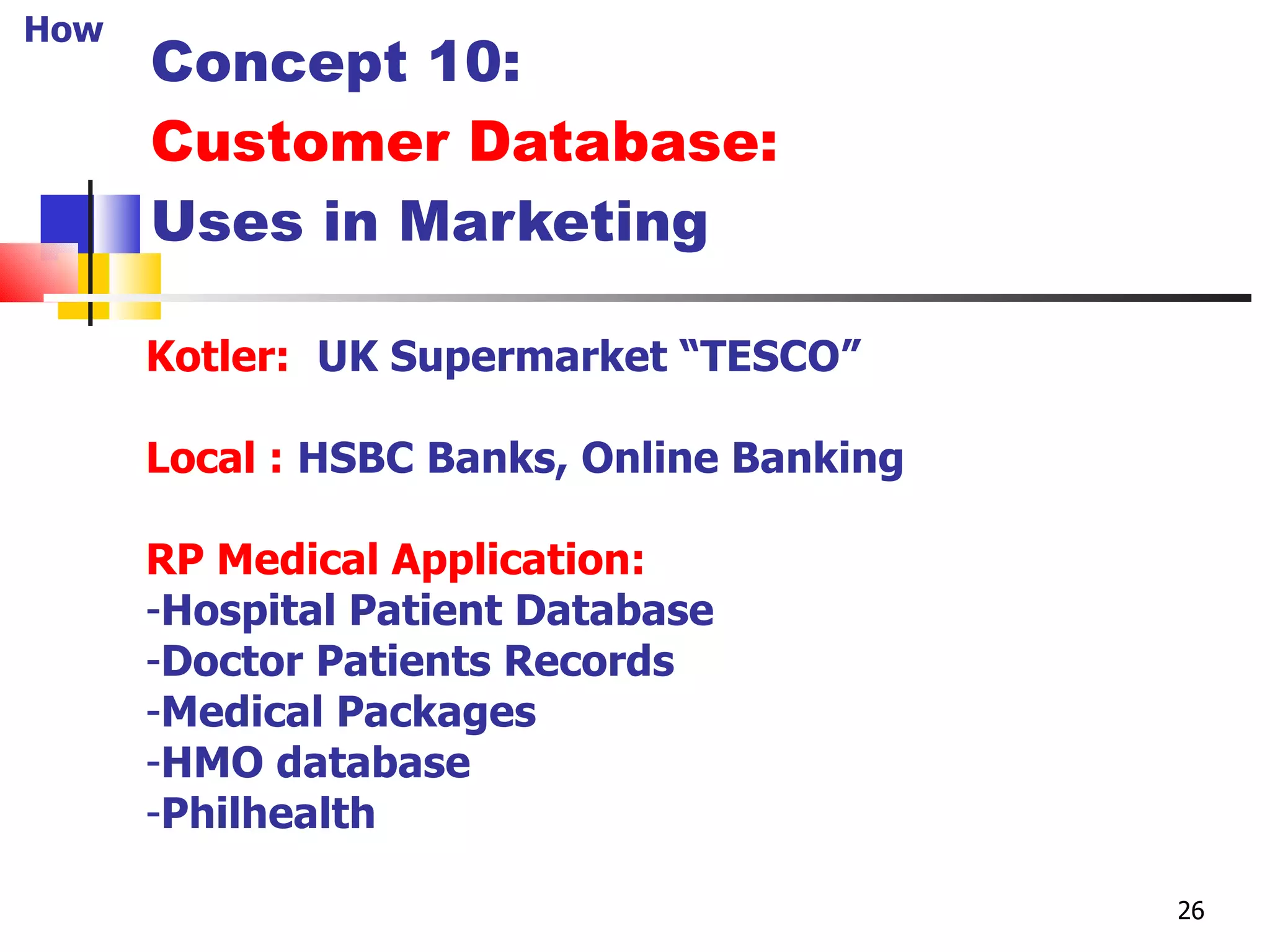 Concept 10: Customer Database:  Uses in Marketing Kotler:   UK Supermarket “TESCO” Local :   HSBC Banks, Online Banking RP Medical Application: Hospital Patient Database Doctor Patients Records Medical Packages HMO database Philhealth How 26 