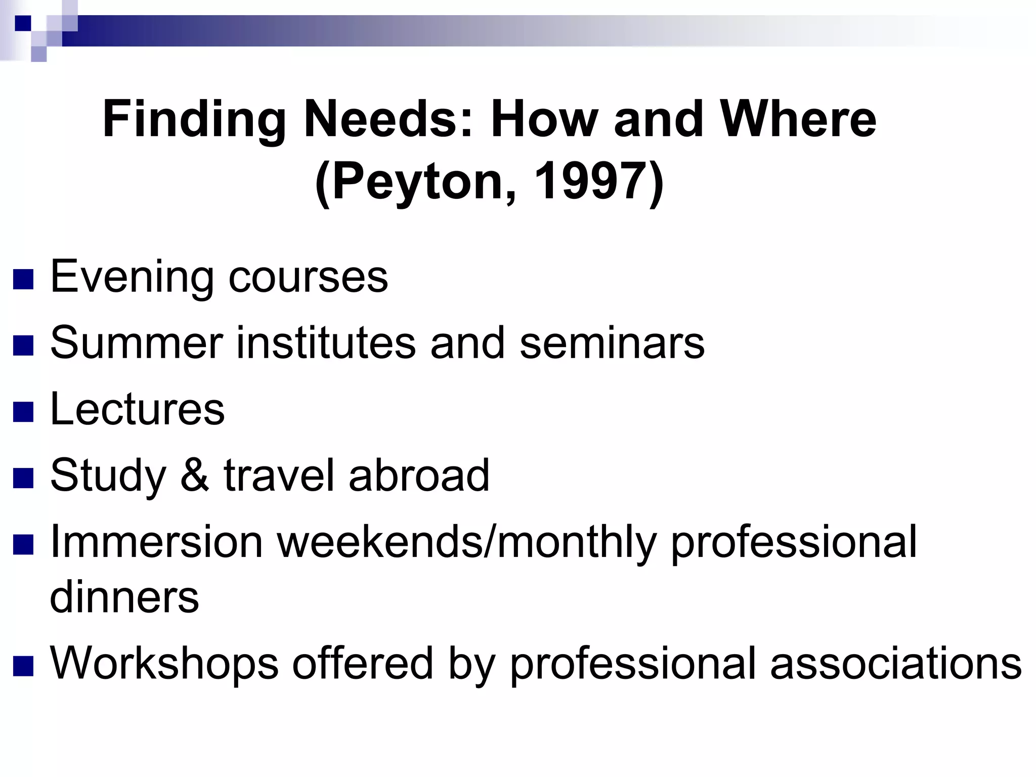 Finding Needs: How and Where
            (Peyton, 1997)
 Evening courses
 Summer institutes and seminars
 Lectures
 Study & travel abroad
 Immersion weekends/monthly professional
  dinners
 Workshops offered by professional associations
 