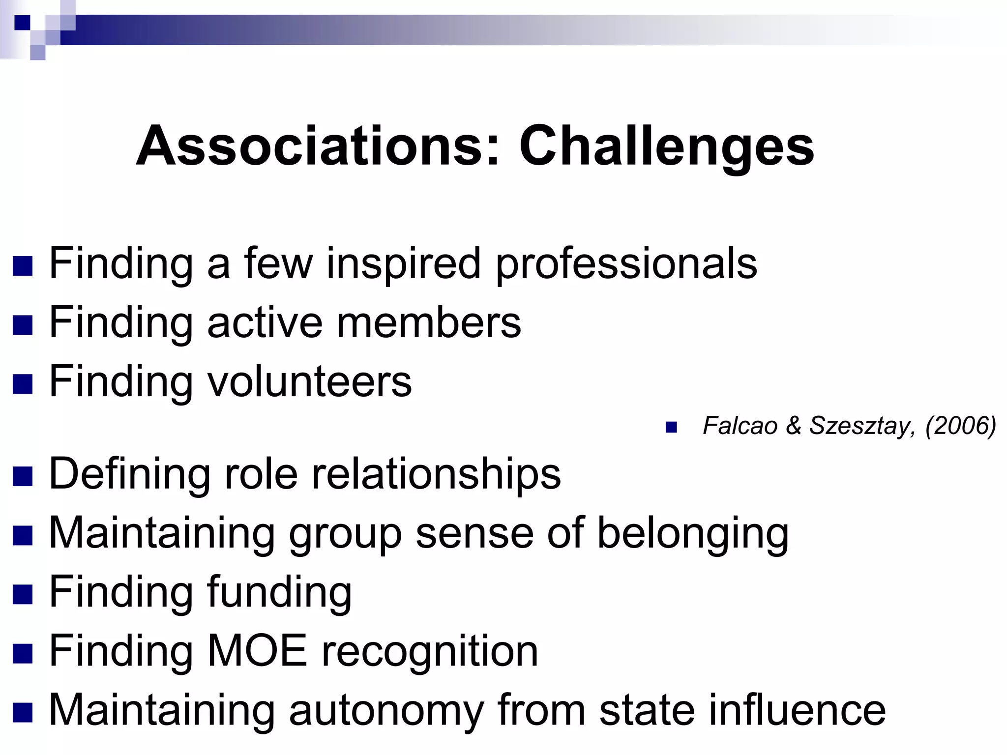 Associations: Challenges

 Finding a few inspired professionals
 Finding active members
 Finding volunteers
                                    Falcao & Szesztay, (2006)

 Defining role relationships
 Maintaining group sense of belonging
 Finding funding
 Finding MOE recognition
 Maintaining autonomy from state influence
 