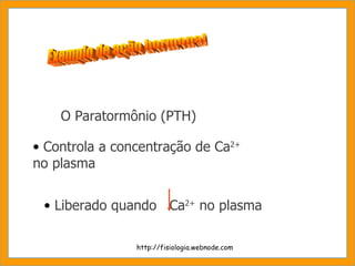 O Paratormônio (PTH) Controla a concentração de Ca 2+  no plasma Exemplo de ação hormonal http://fisiologia.webnode.com Liberado quando  Ca 2+  no plasma 