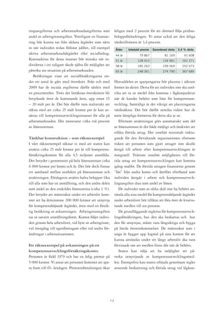 ringsavgifterna och arbetsmarknadsavgifterna som               årligen med 2 procent för att därmed följa prisbas-
andel av arbetsgivaravgiften. Ytterligare en finansie-         beloppsförändringen. Vi antar också att den årliga
ring bör kunna tas från sådana åtgärder som sätts              värdetillväxten är 3,4 procent.
in när individen redan förlorat jobbet, till exempel           Ålder    Inbetald premie   Garanterad ränta   3,4 % ränta
aktiva arbetsmarknadsåtgärder eller socialbidrag.              44 år            79 867            81 169         91 608
Kostnaderna för dessa insatser bör minska när in-              51 år          128 913            134 961        161 371
dividerna i ett tidigare skede själva får möjlighet att        58 år          185 263            199 569        252 673
påverka sin situation på arbetsmarknaden.                      65 år          248 361            274 790        367 685
   Beräkningar visar att socialförsäkringarna un-
der ett antal år gått med överskott. Från och med              Huvuddelen av sparpengarna bör placeras i säkrare
2009 har de sociala avgifterna därför sänkts med               former än aktier. Detta för att individen inte ska und-
en procentenhet. Trots det beräknas överskotten bli            vika att ta ut medel från kontona i lågkonjunktur
betydande även de kommande åren, upp emot 15                   när de kanske behövs som bäst för kompetensut-
– 20 mdr per år. Det bör därför vara realistiskt att           veckling. Samtidigt är det viktigt att placeringarna
räkna med att cirka 25 mdr kronor per år kan av-               värdesäkras. Det bör därför utredas vidare hur de
sättas till kompetensutvecklingsinsatser för alla på           mest lämpliga formerna för detta ska se ut.
arbetsmarknaden. Det motsvarar cirka två procent                  Eftersom avsättningar görs automatiskt som del
av lönesumman.                                                 av lönesumman är det både möjligt och önskvärt att
                                                               tillåta förtida uttag. Det innebär minimalt riskta-
Tänkbar konstruktion – som räkneexempel                        gande för den förvaltande organisationen eftersom
I vårt räkneexempel räknar vi med att staten kan               risken att personen som gjort uttaget inte skulle
avsätta cirka 25 mdr kronor per år till kompetens-             återgå till arbete efter kompetensutvecklingen är
försäkringskonton för alla 4,5 miljoner anställda.             marginell. Tvärtom innebär möjligheten till för-
Det betyder i genomsnitt på hela lönesumman cirka              tida uttag att kompetensutvecklingen kan komma
6 000 kronor per konto och år. Det bör dock finnas             igång snabbt. De förtida uttagen finansieras genom
ett samband mellan storleken på lönesumman och                 ”lån” från andra konto och återförs efterhand som
avsättningen. Förslagsvis avsätts halva beloppet lika          individen återgår i arbete och kompetensutveck-
till alla som har en anställning, och den andra delen          lingsavgifter dras som andel av lönen.
som andel av den enskildes lönesumma (cirka 1 %).                 De individer som av olika skäl inte ha behövt an-
Det betyder att människor under ett arbetsliv kom-             vända alla sina medel för kompetenshöjande åtgärder
mer att ha åtminstone 200 000 kronor att utnyttja              under arbetslivet bör tillåtas att föra över de kvarva-
för kompetenshöjande åtgärder, även med en försik-             rande medlen till sin pension.
tig beräkning av avkastningen. Arbetsgivaravgiften                De grundläggande reglerna för kompetensutveck-
tas ut oavsett anställningsform. Kontot följer indivi-         lingsförsäkringen, hur den ska beskattas och hur
den genom hela arbetslivet, vid byte av arbetsgivare,          den får utnyttjas, måste vara långsiktiga och bygga
vid övergång till egenföretagare eller vid andra för-          på breda överenskommelser. De människor som i
ändringar i arbetssituationen.                                 unga år bygger upp kapital på sina konton för att
                                                               kunna användas under ett långt arbetsliv ska vara
Ett räkneexempel på avkastningen på ett                        förvissade om att medlen finns där när de behövs.
kompetensutvecklingsförsäkringskonto:                             Staten kan välja att ha möjlighet att på-
Personen är född 1979 och har en årlig premie på               verka utnyttjande av kompetensutvecklingsmed-
5 000 kronor. Vi antar att personen kommer att spa-            len. Exempelvis kan staten erbjuda generösare regler
ra fram till 65- årsdagen. Premieinbetalningen ökar            avseende beskattning och förtida uttag vid lågkon-




                                                          12
 