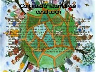 Continuación alternativas  de solución  Diseñar un instrumento orientado a motivar a padres de familia como a estudiantes al proceso de aprendizaje impartido por la institución. Se implementación de las guías de aprendizaje  Actualización del diario de convivencia; clasificación de las faltas leves, graves y gravísimas y las sanciones pertinentes.  Dar orientación psicológica a los alumnos o padres de familia que lo requieran en la institución. Los pasos a implementar son: Definir citas a padres de familia y estudiantes , Atender padres de familia y estudiantes.,  Registrar atención a padres de familia y estudiantes., Presentar diagnósticos de los padres de familia y estudiantes y mecanismos a implementar en el interior del colegio  Diseñar herramientas que permitan acercar al padre de familia periódicamente a la institución. Se estipula el horario de atención a padres de familia, el cual se hace público en las asambleas de padres de familia 