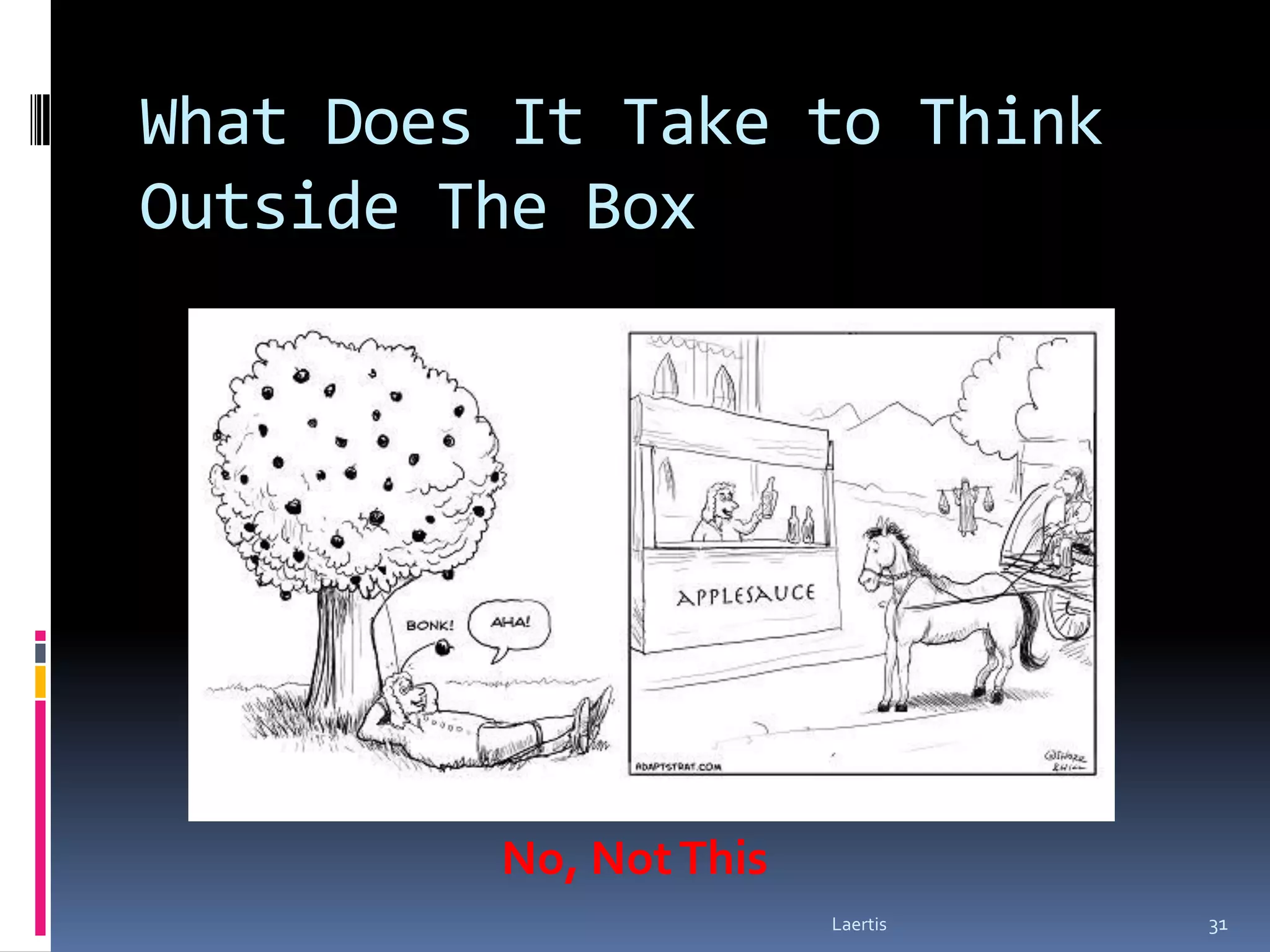 What Does It Take to Think
Outside The Box




         No, Not This
                        Laertis   31
 