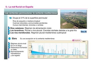 5.- La red fluvial en España

Las vertientes peninsulares: la vertiente mediterránea

        Ocupa el 31% de la superficie peninsular
        Ríos de pequeña o mediana longitud
        Cuencas reducidas y pronunciadas pendientes
        Cursos intermitentes, torrentes o ramblas
     Ríos catalanes. Régimen de alimentación mixto
     Los levantinos. Pluvial o nivo-pluvial. Crecidas otoñales debidas a la gota fría
                                                                                               Doc.18
                                                                                               Doc.18
     Los ríos meridionales. Régimen pluvial mediterráneo subtropical


       Ebro      Es una excepción en la vertiente mediterránea
                                                                                  Ampliación


     Régimen pluvio-nival
     Es un río largo
     Desemboca formando
     un delta
     Aprovechamiento
     hidroeléctrico
     y de regadío



                                                                                 Santillana
 