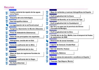 Recursos

    Gráfico sectorial de reparto de las aguas
    Gráfico sectorial de reparto de las aguas    Mapa de vertientes y cuencas hidrográficas de España
                                                 Mapa de vertientes y cuencas hidrográficas de España
    en la Tierra
    en la Tierra
                                                 Perfil longitudinal del río Duero
                                                 Perfil longitudinal del río Duero
    Esquema del ciclo hidrológico
    Esquema del ciclo hidrológico
                                                 Embalse de Buendía, en la cuenca del Tajo
                                                 Embalse de Buendía, en la cuenca del Tajo
    Red hidrográfica básica
    Red hidrográfica básica
                                                 Perfil longitudinal del río Guadalquivir
                                                 Perfil longitudinal del río Guadalquivir
    La organización de la red fluvial actual
    La organización de la red fluvial actual
                                                 Río Ter a su paso por la provincia de Girona
                                                 Río Ter a su paso por la provincia de Girona
    Surgencia. Nacimiento río Mundo (Albacete)
    Surgencia. Nacimiento río Mundo (Albacete)   (Torroella de Montgrí)
                                                 (Torroella de Montgrí)

    Presa de Aldeadávila (Salamanca)             Perfil longitudinal del río Ebro
                                                 Perfil longitudinal del río Ebro
    Presa de Aldeadávila (Salamanca)
                                                 Crecida del río de Oro, Melilla, tras el temporal de finales
                                                 Crecida del río de Oro, Melilla, tras el temporal de finales
    Datos de los principales ríos españoles
    Datos de los principales ríos españoles      de septiembre de 2008
                                                 de septiembre de 2008
    Hidrograma: crecida del río Esla
    Hidrograma: crecida del río Esla             Desecación de zonas húmedas
                                                 Desecación de zonas húmedas

    Curva de coeficiente del río Miño
    Curva de coeficiente del río Miño            Laguna de Caracuel, Ciudad Real
                                                 Laguna de Caracuel, Ciudad Real

    Curva de coeficiente del río Ara
    Curva de coeficiente del río Ara             Ibón de Acherito, Huesca
                                                  Ibón de Acherito, Huesca

    Mapa de tipos de regímenes fluviales de
    Mapa de tipos de regímenes fluviales de      S’Albufera, Mallorca
                                                 S’Albufera, Mallorca
    España
    España
                                                 Mapa de zonas de saturación o acuíferos en España
                                                 Mapa de zonas de saturación o acuíferos en España
    Curva de coeficiente del río Segre
    Curva de coeficiente del río Segre
                                                 Trasvase Tajo-Segura, Murcia
                                                 Trasvase Tajo-Segura, Murcia
    Río Sella (Asturias)
    Río Sella (Asturias)


                                                                                            Santillana
 
