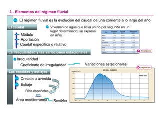 3.- Elementos del régimen fluvial

      El régimen fluvial es la evolución del caudal de una corriente a lo largo del año
El caudal                    Volumen de agua que lleva un río por segundo en un
                             lugar determinado; se expresa
      Módulo                 en m3/s
      Aportación
      Caudal específico o relativo
                                                                                   Ampliación
La irregularidad y las variaciones estacionales
    Irregularidad
       Coeficiente de irregularidad               Variaciones estacionales
                                                                                   Ampliación

Las crecidas y estiajes
       Crecida o avenida
       Estiaje
            Ríos españoles

    Área mediterránea         Ramblas

                                                                              Santillana
 