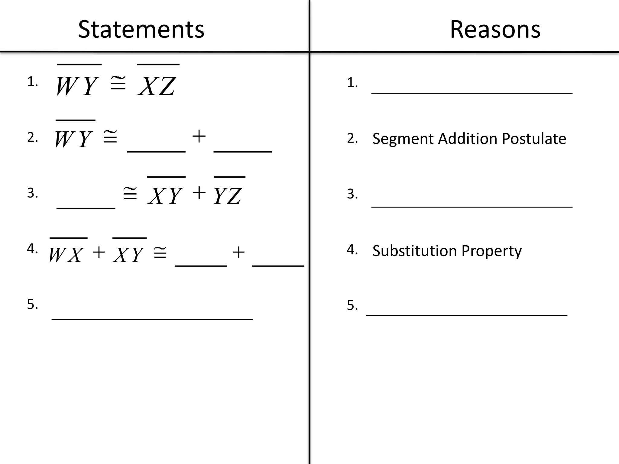Statements Reasons1.2.3.4.5.1.2.3.4.5.Segment Addition PostulateSubstitution Property