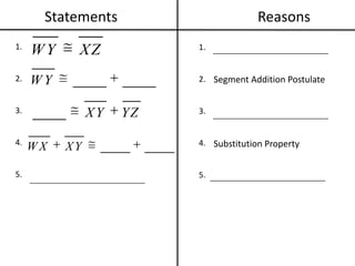 Statements				Reasons1.2.3.4.5.1.2.3.4.5.Segment Addition PostulateSubstitution Property