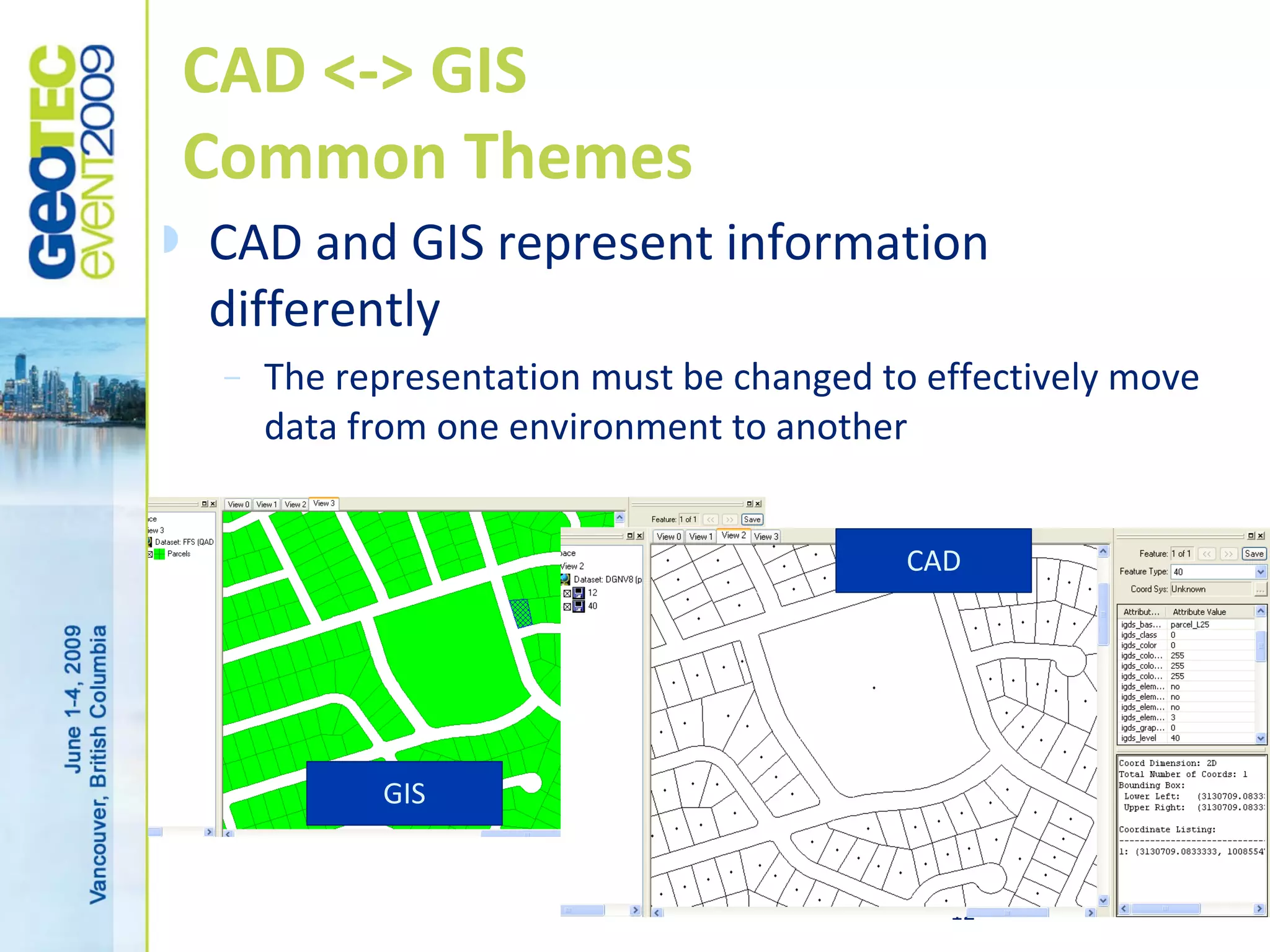 CAD <-> GIS
    Common Themes
   CAD and GIS represent information
    differently
     –   The representation must be changed to effectively move
         data from one environment to another


                                              CAD




               GIS


                                                12
 