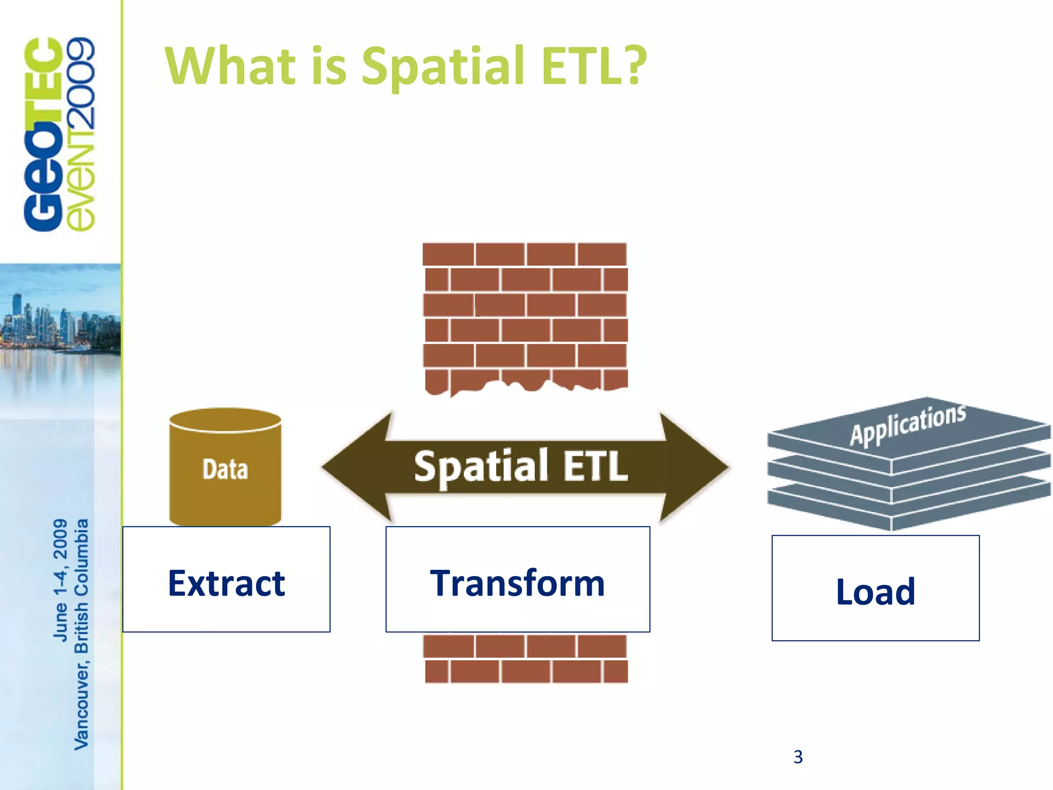 What is Spatial ETL?




Extract   Transform        Load


                       3
 
