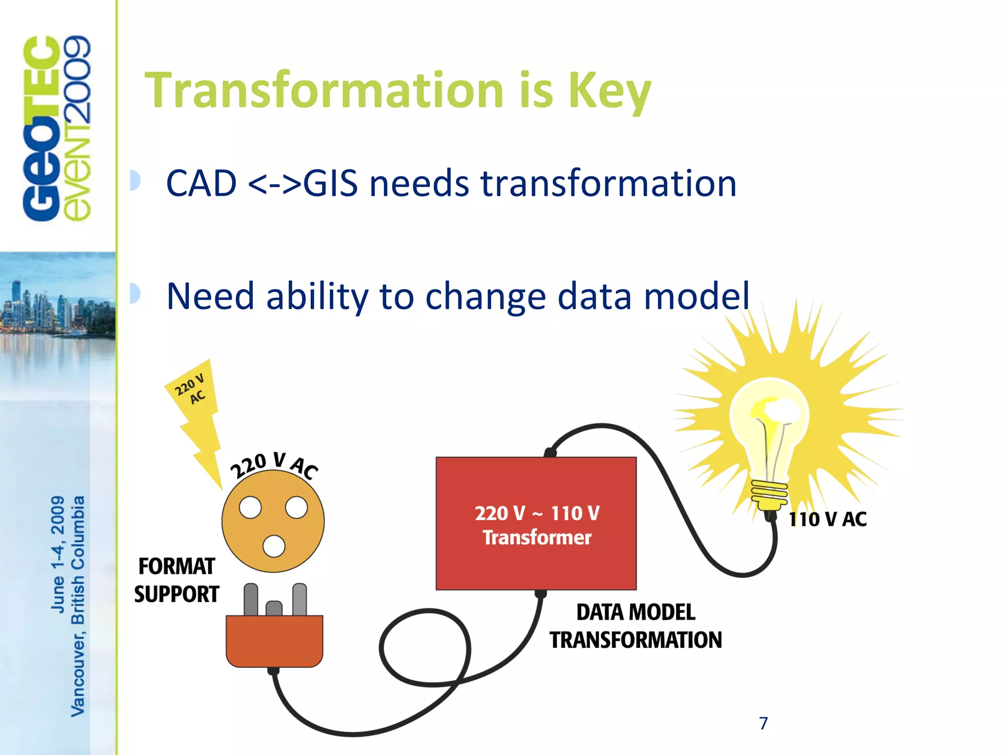 Transformation is Key
   CAD <->GIS needs transformation

   Need ability to change data model




                                        7
 