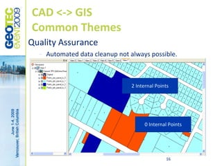 CAD <-> GIS
Common Themes
Quality Assurance
  –   Automated data cleanup not always possible.



                         ...