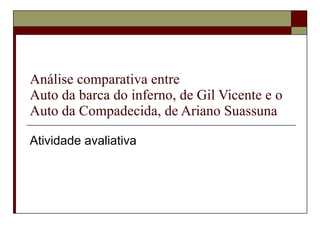 Análise comparativa entre Auto da barca do inferno, de Gil Vicente e o Auto da Compadecida, de Ariano Suassuna Atividade avaliativa 