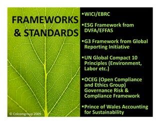 Frameworks Pros and Cons
                 WICI/EBRC
 FRAMEWORKS ESG Framework from
          Issues DVFA/EFFAS
 & STANDARD...