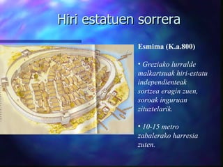 Hiri estatuen sorrera Esmima (K.a.800)   Greziako lurralde malkartsuak hiri-estatu independienteak sortzea eragin zuen, soroak inguruan zituztelarik.  10-15 metro zabalerako harresia zuten. 