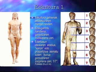 Eskultura 1 Eskultura gehienak arkitekturaren menpe zeuden. Ezaugarririk handiena, gorputzaren irudikapena zen. Edertasun idealaren  eredua,  “ kanon ” edo proportzioa  asmatu zuten :  “burua gorputzaren zazpirena zen, 1/7”.  Polikleto (K.a.V.m) 
