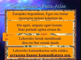 Gaur eguneko Grezia-Atlas Itsaso Joniarra Egeo itsasoa Europako hegoaldean, Egeo eta Joniar  itsasoaren tartean kokatzen da. Irla ugari ,  sargune ugari kostan.  Itsas portuak egitea erraza da.  Lehorreko lurrak menditsuak  dira eta ibar estuak daude Lehorreko komunikazioa zaila zelako, errazena itsasoz komunikatzea zen. 
