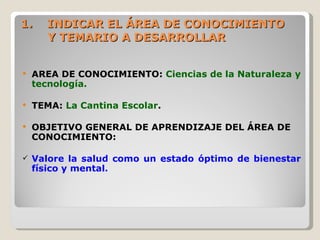 <ul><li>INDICAR EL ÁREA DE CONOCIMIENTO  Y TEMARIO A DESARROLLAR </li></ul><ul><li>AREA DE CONOCIMIENTO:  Ciencias de la N...