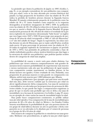 La pirámide que ilustra la población de Japón en 1995 (Gráfica 1,
pág. 8), es un ejemplo contundente de una población cuya composi-
ción por edad y sexo se ha visto afectada por eventos históricos del
pasado. La baja proporción de hombres entre las edades de 70 a 83
indica la pérdida de hombres jóvenes durante la Segunda Guerra
Mundial. El tamaño relativamente pequeño de la población entre las
edades de 56 y 57 (tanto hombres como mujeres) es la respuesta
demográfica al incidente sinojaponés de 1938 y 1939. La población
entre las edades de 49 y 50 refleja la reducción en la tasa de nacimien-
tos que se suscitó a finales de la Segunda Guerra Mundial. El grupo
sustancial de personas de 46 a 48 años de edad es el resultado de la pri-
mera explosión de nacimientos (denominada “baby boom” en inglés)
que tuvo lugar entre 1947 y 1949. El porcentaje muy pequeño de per-
sonas de 29 años de edad corresponde a 1966, el “año de Hinoeuma”
o el “año del caballo de fuego”. Según la superstición, las niñas naci-
das durante un año de Hinoeuma, que se repite cada 60 años, tendrán
mala suerte. El gran porcentaje de personas entre las edades de 21 y
24 indica la segunda explosión de nacimientos en Japón (el período
de 1971 a 1974.) Las pirámides de población construidas a base de
edades individuales pueden aclarar motivos históricos que dan lugar a
la estructura de edad de una población y que podrían quedar ocultos
dentro de categorías de edad más amplias.

   La posibilidad de casarse o morir varía para edades distintas. Las       Comparación
poblaciones que tienen números comparativamente más grandes de              de poblaciones
ancianos tienen mayores probabilidades de experimentar más muertes
y menos nacimientos cada año que las poblaciones de igual tamaño
cuya composición consiste mayormente en familias jóvenes (si los
demás factores son iguales.) Como resultado de esto, Finlandia, cuya
proporción de personas mayores es más grande en comparación con
Albania, sufrirá más muertes por 1.000 habitantes que Albania.
   Al comparar poblaciones (por ejemplo, qué país tiene una fecundi-
dad más alta), debe tenerse cuidado que la estructura por edad no
afecte significativamente dicha comparación. Las tasas de nacimiento
y mortalidad se ven afectadas por las proporciones de personas de dife-
rentes edades, lo que puede dar lugar a comparaciones engañosas (a
pesar de que es mucho más probable que esto se deba a las tasas de
mortalidad y no a las tasas de nacimiento.) La Gráfica 4, pág. 27, mues-
tra un ejemplo de cómo varían las tasas de mortalidad según la edad.
   Para poder hacer comparaciones consistentes, es posible utilizar
tasas por edad específica. Una comparación de la tasa de mortalidad para
personas de 60 a 64 años de edad en México y los Estados Unidos
muestra sencillamente la probabilidad de que una persona dentro de
ese grupo de edad fallezca durante un año en particular y dicha com-
paración no se vea afectada en lo absoluto por el número de personas
en el grupo de 60 a 64 años de edad.
   Otra manera de comparar la población es estandarizar sus tasas gene-
rales. Mediante este procedimiento, se aplica la tasa por edad especí-

                                                                                             I9
 