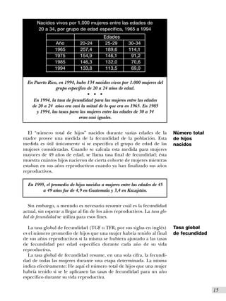 Nacidos vivos por 1.000 mujeres entre las edades de
       20 a 34, por grupo de edad específica, 1965 a 1994
                                             Edades
                Año          20-24            25-29    30-34
                1965         257,4            189,6    114,1
                1975         154,9            146,1     91,2
                1985         146,3            132,0     70,6
                1994         133,8            113,5     69,0

  En Puerto Rico, en 1994, hubo 134 nacidos vivos por 1.000 mujeres del
                grupo específico de 20 a 24 años de edad.
                                 s   s   s


     En 1994, la tasa de fecundidad para las mujeres entre las edades
    de 20 a 24 años era casi la mitad de lo que era en 1965. En 1985
      y 1994, las tasas para las mujeres entre las edades de 30 a 34
                             eran casi iguales.


  El “número total de hijos” nacidos durante varias edades de la              Número total
madre provee una medida de la fecundidad de la población. Esta                de hijos
medida es útil únicamente si se especifica el grupo de edad de las            nacidos
mujeres consideradas. Cuando se calcula esta medida para mujeres
mayores de 49 años de edad, se llama tasa final de fecundidad; ésta
muestra cuántos hijos nacieron de cierta cohorte de mujeres mientras
estaban en sus años reproductivos cuando ya han finalizado sus años
reproductivos.

  En 1995, el promedio de hijos nacidos a mujeres entre las edades de 45
         a 49 años fue de 4,9 en Guatemala y 3,4 en Kazajstán.


  Sin embargo, a menudo es necesario resumir cuál es la fecundidad
actual, sin esperar a llegar al fin de los años reproductivos. La tasa glo-
bal de fecundidad se utiliza para esos fines.

  La tasa global de fecundidad (TGF o TFR, por sus siglas en inglés)          Tasa global
es el número promedio de hijos que una mujer habría tenido al final           de fecundidad
de sus años reproductivos si la misma se hubiera ajustado a las tasas
de fecundidad por edad específica durante cada año de su vida
reproductiva.
  La tasa global de fecundidad resume, en una sola cifra, la fecundi-
dad de todas las mujeres durante una etapa determinada. La misma
indica efectivamente: He aquí el número total de hijos que una mujer
habría tenido si se le aplicasen las tasas de fecundidad para un año
específico durante su vida reproductiva.

                                                                                              I15
 