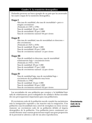 Cuad        Cuadro 3. La transición demográfica
  Finlandia presenta un buen ejemplo de un país que ha atravesado
  las cuatro etapas de la transición demográfica.

  Etapa I
         Alta tasa de natalidad, alta tasa de mortalidad = poco o
         ningún crecimiento
         (Finlandia de 1785 a 1790)
         Tasa de natalidad: 38 por 1.000
         Tasa de mortalidad: 32 por 1.000
         Tasa de crecimiento natural: 0,6 por ciento

  Etapa II
         Alta tasa de natalidad, tasa de mortalidad en descenso =
         alto crecimiento
         (Finlandia de 1825 a 1830)
         Tasa de natalidad: 38 por 1.000
         Tasa de mortalidad: 24 por 1.000
         Tasa de crecimiento natural: 1,4 por ciento

  Etapa III
         Tasa de natalidad en descenso, tasa de mortalidad
         relativamente baja = crecimiento lento
         (Finlandia de 1910 a 1915)
         Tasa de natalidad: 29 por 1.000
         Tasa de mortalidad: 17 por 1.000
         Tasa de crecimiento natural: 1,2 por ciento

  Etapa IV
         Tasa de natalidad baja, tasa de mortalidad baja =
         crecimiento de la población muy lento
         (Finlandia en 1996)
         Tasa de natalidad: 12 por 1.000
         Tasa de mortalidad: 10 por 1.000
         Tasa de crecimiento natural: 0,2 por ciento

  Las necesidades de una población que envejece y la habilidad limi-
tada de relativamente pocos trabajadores de satisfacer dichas necesida-
des son preocupaciones importantes para esas poblaciones.

   El crecimiento nulo de la población sucede cuando los nacimientos      Crecimiento
más la inmigración equivalen a las muertes más la emigración. Una         nulo de la
población cuya fecundidad está a nivel de reemplazo no tiene necesa-      población
riamente un crecimiento nulo de su población debido al ímpetu
demográfico de la población. Una población joven continuará cre-
ciendo durante unas cuantas generaciones según una gran proporción
de la juventud se adentra y sale de sus años reproductivos.
                                                                                        I47
 