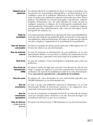 Registro de la      Un sistema oficial de recopilación de datos en el que se inscriben con-
      población       tinuamente las características demográficas y socioeconómicas de la
                      totalidad o parte de la población. Dinamarca, Suecia e Israel figuran
                      entre los países que mantienen registros universales para fines demo-
                      gráficos, inscribiendo los eventos principales (nacimientos, nupcias,
                      traslados, defunciones, etc.) de cada individuo de modo tal que en
                      cualquier momento se dispone de la información actualizada sobre
                      toda la población. Otros países, como los EE.UU., mantienen registros
                      parciales para fines administrativos, tales como los del seguro social,
                      inscripción de votantes, etc.

       Tabla de       Una representación tabular de la esperanza de vida y la probabilidad de
      mortalidad      morir en cada edad de una población dada, de acuerdo con las tasas de
                      mortalidad por edad predominantes. El cuadro de esperanza de vida da
                      una idea completa y organizada de la mortalidad de una población.

 Tasa de abortos      El número estimado de abortos provocados por 1.000 mujeres de 15 a
     provocados       44 años de edad en un año determinado.

Tasa de aumento       La tasa de aumento (o disminución) de una población en un año
         natural      determinado debido a un excedente (o déficit) de nacimientos frente
                      a las defunciones, expresada como porcentaje de la población base.

      Tasa bruta      La tasa de cualquier evento demográfico computada para toda una
                      población.

   Tasa bruta de      El número medio de hijas que nacerían vivas durante la vida de una
   reproducción       mujer (o grupo de mujeres), si sus años reproductivos transcurrieran
           (TBR)      conforme a las tasas de fecundidad por edad de un año determinado.
                      Véase tasa neta de reproducción y tasa global de fecundidad.

  Tasa de casos       El número de casos declarados de una enfermedad específica por
                      100.000 habitantes en un determinado año.

         Tasa de      La tasa a la que una población aumenta (o disminuye) en un año
     crecimiento      determinado debido al incremento natural o a la emigración neta,
                      expresada como porcentaje de la población base.

         Tasa de      La tasa de crecimiento acumulada al final de un intervalo de tiempo
     crecimiento      como por ejemplo meses, trimestres o un año. Esta tasa da lugar a un
      geométrica      crecimiento más lento ya que no es continuo.

Tasa de divorcio      El número de divorcios por 1.000 habitantes en un año determinado.
  (o tasa bruta de
          divorcio)




                                                                                                I63
 