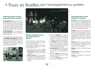 6.    Trucs et ficelles pour l’accompagnement au quotidien
                                                                                                                                     Des chasubles fluo:
                                                                                                    un accessoire vital lorsque les jours raccourcissent.




Quelle place pour l’accom-                                                                                                                                  Quel matériel pour rouler
pagnateur dans le groupe ?                                                                                                                                  ensemble en sécurité?
                                                                                                                                                            Les vélos de tous les participants doivent
Si vous êtes seul, placez-vous à l’arrière
                                                                                                                                                            être en parfait état et régulièrement révi-
du groupe, en couverture. Vous aurez
                                                                                                                                                            sés. Une fiche de contrôle technique des
ainsi la meilleure vue sur toute la colonne
                                                                                                                                                            vélos se trouve dans le carnet des partici-
et vous pourrez facilement faire entendre
                                                                                                                                                            pants. Nous attirons ici l’attention sur
vos consignes. Ceci suppose que le grou-
                                                                                                                                                            quelques points sensibles pour la sécurité
pe reste bien compact, que tous connais-
                                                                                                                                                            du convoi, particulièrement en hiver.
sent le parcours et aient bien assimilé les
consignes de départ.                                                                                                                                        Eclairage: les feux fonctionnant sur
Si vous êtes deux, un accompagnateur                                                                                                                        dynamo n’éclairent pas toujours suffisam-
prend la tête, l’autre, muni d’un sifflet, la                                                                                                               ment, freinent la progression à cause de
queue du groupe.                                                                                                                                            la friction de la dynamo contre le pneu et
                                                Quelles consignes donner                         • garder ses distances par rapport au
                                                                                                                                                            demandent plus d’entretien (rupture ou
                                                aux élèves avant le                                camarade roulant devant ou à côté et
En règle générale, nous recommandons                                                                                                                        détachement des fils) ; ceux fonctionnant
                                                                                                   par rapport aux véhicules en station-
la conduite à deux de front (autorisée          départ ?                                           nement (1 mètre), …en plus de                            sur piles sont plus efficaces, mais plus
par le code). Elle oblige les véhicules                                                                                                                     chers…
                                                                                                   quelques consignes plus spécifiques :
motorisés à se déporter vers la gauche en       A vous d’indiquer aux élèves les endroits        • au carrefour, ne pas suivre aveuglé-                     Ecarteur: installé à l’arrière gauche du
respectant ainsi la place des cyclistes sur     où ils roulent à deux de front et ceux où          ment le reste du groupe au risque de                     vélo, visible la nuit et efficace pour inciter
la chaussée. Elle assure aussi une plus         ils roulent en file indienne.                      brûler un feu rouge (si une partie du                    les automobilistes à garder leurs dis-
grande visibilité aux cyclistes.                Lors des premiers trajets, vous leur don-          groupe est passée, elle attend le reste                  tances lors d’un dépassement
                                                nerez quelques consignes qu’ils auront             de l’autre côté du carrefour)
                                                vite fait d’assimiler, telles :                                                                             Drapeau: renforce la visibilité des jeunes
                                                                                                 • ne pas obstruer la voie publique lors
                                                • mettre en pratique les règles du code            d’un arrêt (par exemple à l’approche                     cyclistes
                                                  de la route (notamment la priorité de            d’un carrefour, sur un passage pour
                                                                                                                                                            Chasubles fluo: renforce la visibilité de
                                                  droite) et les principes d’une conduite          piétons)
                                                                                                                                                            tous les cyclistes
                                                  préventive,                                    • lors d’une montée, si l’on doit mettre
                                                • garder sa place au sein du groupe                le pied à terre, emprunter le trottoir,                  Casque: pas obligatoire, mais vivement
                                                  (autrement dit, ne pas dépasser), rou-           comme un piéton                                          recommandé
                                                  ler groupé (pour éviter qu’un véhicule         • si l’on doit s’arrêter, lever le bras
                                                  motorisé ne vienne s’insérer dans le             pour en informer le groupe.
                                                  groupe),


                                                                                            12
 
