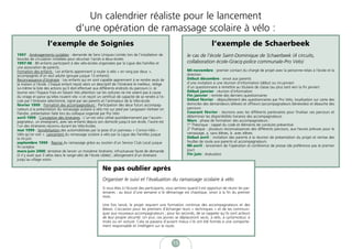 Un calendrier réaliste pour le lancement
                                       d’une opération de ramassage scolaire à vélo :
                    l’exemple de Soignies                                                                                       l’exemple de Schaerbeek
1997 : Aménagements cyclables : demande de Sens Uniques Limités lors de l’installation de                       le cas de l’école Saint-Dominique de Schaerbeek (4 circuits,
boucles de circulation installées pour sécuriser l’accès à deux écoles
1997-98 : 80 enfants participent à des vélo-écoles organisées par la Ligue des Familles et                      collaboration école-Gracq-police communale-Pro Velo)
une association de parents.
Formation des enfants : Les enfants apprennent à rouler à vélo « en rang par deux »,                            Mi-novembre : premier contact du chargé de projet avec la personne-relais à l’école et la
accompagnés d’un seul adulte (groupe jusque 13 enfants).                                                        direction
Reconnaissance d’itinéraire : Les enfants qui en sont capable apprennent à se rendre seuls de                   Début décembre : envoi aux parents
la maison à l’école. Chaque enfant reçoit alors un descriptif de l’itinéraire le meilleur, rédige               d’une invitation à une réunion d’information (début ou mi-janvier)
lui-même la liste des actions qu’il doit effectuer aux différents endroits du parcours (« Je                    d’un questionnaire à remettre au titulaire de classe (au plus tard vers la fin janvier)
tourne vers l’Espace Frais en faisant très attention car les voitures ne me voient pas à cause                  Début janvier : réunion d’information
du virage et parce qu’elles roulent vite ») et reçoit un certificat de capacité de se rendre à l’é-             Fin janvier : rentrée des derniers questionnaires
cole par l’itinéraire sélectionné, signé par ses parents et l’animateur de la Vélo-école.                       Début février : dépouillement des questionnaires par Pro Velo, localisation sur carte des
février 1999 : Formation des accompagnateurs : Participation des deux futurs accompag-                          domiciles des demandeurs (élèves) et offreurs (accompagnateurs bénévoles) et ébauche des
nateurs à la présentation du ramassage scolaire à vélo mis sur pied par Langzaam Verkeer en                     parcours
Flandre, présentation faite lors du colloque organisé par Pro Velo                                              Courant février : réunions avec les différents partenaires pour finaliser ces parcours et
avril 1999 : Conception des itinéraires : L’un est celui utilisé quotidiennement par l’accom-                   déterminer les disponibilités horaires des accompagnateurs
pagnateur, un enseignant, avec ses enfants depuis son domicile jusqu’à son école, l’autre est                   Mars : phase de formation des accompagnateurs :
l’un des itinéraires reconnu durant les Vélo-Ecoles.                                                            1° Théorique : rappel du code et éléments de conduite préventive
mai 1999 : Sensibilisation des automobilistes par la pose d’un panneau « Convoi-Vélo –                          2° Pratique : plusieurs reconnaissances des différents parcours, aux heures prévues pour le
Vélo qu’on voit ». Lancement du ramassage scolaire à vélo par la Ligue des Familles jusque                      ramassage, a. sans élèves, b. avec élèves
la mi-juin                                                                                                      Début avril : invitation des parents à la réunion de présentation du projet et remise des
septembre 1999 : Reprise du ramassage grâce au soutien d’un Service Club Local jusque                           feuilles de route aux parents et accompagnateurs
fin octobre.                                                                                                    Mi-avril : lancement de l’opération et conférence de presse (de préférence pas le premier
mars-juin 2000; tentative de lancer un troisième itinéraire, infructueuse faute de demande                      jour)
(il n’y avait que 3 vélos dans le range-vélo de l’école ciblée) ; allongement d’un itinéraire                   Fin juin : évaluation
jusqu’au village voisin.

                                                         Ne pas oublier après
                                                         Organiser le suivi et l’évaluation du ramassage scolaire à vélo
                                                         Si vous êtes à l’écoute des participants, vous sentirez quand il est opportun de réunir les par-
                                                         tenaires : au bout d’une semaine si le démarrage est chaotique, sinon à la fin du premier
                                                         mois.

                                                         Une fois lancé, le projet requiert une formation continue des accompagnateurs et des
                                                         élèves. L’occasion pour les premiers d’échanger leurs « techniques » et de les communi-
                                                         quer aux nouveaux accompagnateurs ; pour les seconds, de se rappeler qu’ils sont acteurs
                                                         de leur propre sécurité. Un jour, ces jeunes se déplaceront seuls, à vélo, à cyclomoteur, à
                                                         moto ou en voiture. Cela se passera d’autant mieux s’ils ont été formés à une comporte-
                                                         ment responsable et intelligent sur la route.



                                                                                                      15
 