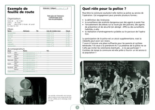Exemple de                                               Itinéraire 1 (départ : lieu n° 1 )
                                                                                                                  Quel rôle pour la police ?
feuille de route                                                                                                  Peut-être la commune souhaite-t-elle mettre sa police au service de
                                                              Petit plan de l’itinéraire                          l’opération. Cet engagement peut prendre plusieurs formes :
                                                                à photocopier pour
Organisateurs                                                  tous les participants
Police de …. : M. Y (tél.)
                                                                                                                  • la définition des itinéraires
Gracq-…. : M. Z (tél.)                                                                                            • la surveillance des endroits dangereux par des agents à poste fixe
Ecole …. : Mme X (tél. à l’école ; tél. privé)                                                                    • l’encadrement des élèves sur la route par des policiers, des agents
Pro Velo: M. XYZ
                                                                                                                    de prévention et de sécurité (en abrégé : APS) ou des surveillants
Elèves                                                                                                              habilités, à vélo
Noms                      Adresses               Tél.        Lieu de rendez-vous                Heure
                                                                                                                  • la réalisation d’aménagements cyclables sur le parcours de l’opéra-
Alexandre                 ...                    ...         lieu n°1                           7.55
Elodie                    ...                    ...         lieu n°1                           7.55                tion.
Dorian                    ...                    ...         lieu n°2                           7.59
Lola                      ...                    ...         lieu n°3                           8.02              La participation de la police est un atout supplémentaire, mais la
Martin                    ...                    ...         domicile                           8.05
                                                                                                                  médaille peut avoir son revers.
Simon                     ...                    ...         domicile                           8.05
Gwenaël                   ...                    ...         lieu n°4                           8.09              Y aura-t-il encore une place suffisante pour les parents et cyclistes
Cassandre                 ...                    ...         lieu n°4                           8.09              bénévoles ? Et ceux-ci la prendront-ils ? La présence de la police ne va-
                                                                                                                  t-elle pas inciter les volontaires éventuels… à ne pas participer ?
Accompagnateurs
Jours                     Noms                               Tél.                                                 Combien de temps la commune est-elle prête à fournir un tel service à
Lundi    Aller            Accompagnateur         1 + 2       ...                                                  sa population ?
         Retour           Accompagnateur         2           ...
Mardi    Aller            Accompagnateur         1 + 3       ...
         Retour           Accompagnateur         3           ...
Mercredi Aller            Police à vélo                      ...
         Retour           Accompagnateur         4           ...
                                                                                                                    La cohabitation entre policiers et autres
Jeudi    Aller            Accompagnateur         1           ...
                                                                                                                    accompagnateurs est harmonieuse: cha-
         Retour           Accompagnateur         3           ...
                                                                                                                    cun y trouve sa place, et l’on sent que les
Vendredi Aller            Accompagnateur         2           ...                                                    forces de l’ordre apprécient ce contact
         Retour           Police à vélo                      ...                                                    direct au service de la population
Suppléant:                Accompagnateur         5           ...




                                                                Les autorités communales sont encoura-
                                                                gées à mettre en sens unique limité (SUL)
                                                                les rues utilisées par le ramassage scolai-
                                                                re à vélo.




                                                                                                              9
 
