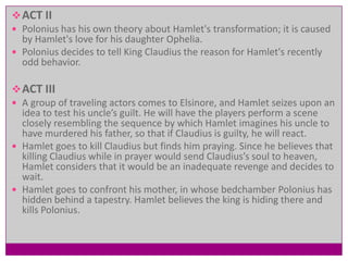  ACT II
 Polonius has his own theory about Hamlet's transformation; it is caused
  by Hamlet's love for his daughter Ophelia.
 Polonius decides to tell King Claudius the reason for Hamlet's recently
  odd behavior.

 ACT III
 A group of traveling actors comes to Elsinore, and Hamlet seizes upon an
  idea to test his uncle’s guilt. He will have the players perform a scene
  closely resembling the sequence by which Hamlet imagines his uncle to
  have murdered his father, so that if Claudius is guilty, he will react.
 Hamlet goes to kill Claudius but finds him praying. Since he believes that
  killing Claudius while in prayer would send Claudius’s soul to heaven,
  Hamlet considers that it would be an inadequate revenge and decides to
  wait.
 Hamlet goes to confront his mother, in whose bedchamber Polonius has
  hidden behind a tapestry. Hamlet believes the king is hiding there and
  kills Polonius.
 