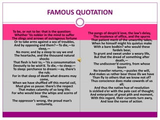 FAMOUS QUOTATION

 To be, or not to be: that is the question:    The pangs of despis’d love, the law’s delay,
  Whether ’tis nobler in the mind to suffer         The insolence of office, and the spurns
The slings and arrows of outrageous fortune       That patient merit of the unworthy takes,
  Or to take arms against a sea of troubles,      When he himself might his quietus make
  And by opposing end them?—To die,—to              With a bare bodkin? who would these
                    sleep,—                                       fardels bear,
   No more; and by a sleep to say we end            To grunt and sweat under a weary life,
  The heartache, and the thousand natural           But that the dread of something after
                     shocks                                         death,—
 That flesh is heir to,—’tis a consummation         The undiscover’d country, from whose
 Devoutly to be wish’d. To die,—to sleep;—                           bourn
 To sleep: perchance to dream:—ay, there’s          No traveller returns,—puzzles the will,
                    the rub;                    And makes us rather bear those ills we have
For in that sleep of death what dreams may         Than fly to others that we know not of?
                     come,                       Thus conscience does make cowards of us
 When we have shuffled off this mortal coil,                           all;
   Must give us pause: there’s the respect           And thus the native hue of resolution
     That makes calamity of so long life;       Is sicklied o’er with the pale cast of thought;
For who would bear the whips and scorns of       And enterprises of great pith and moment,
                      time,                      With this regard, their currents turn awry,
The oppressor’s wrong, the proud man’s                   And lose the name of action.
                  contumely,
 