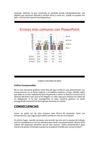 mensaje. Además, lo que mostrado en pantalla queda estupendamente, con
objetos que aparecen volando y ocultan otros y cosas así, puede no quedar tan
bien a la hora de imprimir las diapositivas.




                           Gráficas saturadas de datos

Gráficas incomprensibles

No es raro encontrar gráficas como ésta de aquí arriba en una presentación. Las
consecuencias no se hacen esperar, y el público empieza a hacer cábalas sobre
qué dato es el más importante para el ponente o cómo se descifra la barra de la
derecha del todo o por qué se ha elegido un color rojo para mostrar los datos de
mi delegación. Si lo que conseguimos es esto, nuestras gráficas no están
consiguiendo transmitir el mensaje que tenemos en mente.

CONSECUENCIAS
Como no podía ser de otra manera, esta forma de presentar tiene sus
consecuencias, que seguro que habéis sufrido en más de una ocasión.

En primer lugar, cuando convocas una reunión (ya sea con tu equipo de trabajo,
con tus compañeros o con tus clientes) para hacer una presentación, dentro de la
cabeza del potencial asistente ocurre esta escena. “¿Otra presentación? ¡Qué
manera de perder el tiempo cuando me la podrían mandar por correo y listos!”.
 