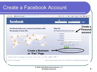 Create a Facebook Account Create a Personal account Create a Business or “Fan” Page 