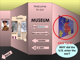 Welcome  to our  MUSEUM Trench  Warfare U.S. in WW1 Back causes Who was involved? John J. Pershing WHY did the U.S. enter the war? Klick here! 