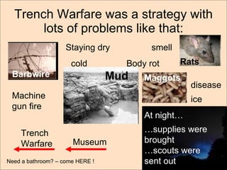 Trench Warfare was a strategy with lots of problems like that: Trench Warfare Museum At night…  … supplies were brought … scouts were sent out Barbwire Mud Rats Maggots smell Body rot cold ice Machine gun fire disease Staying dry Need a bathroom? – come HERE ! 