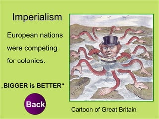 Imperialism European nations  were competing  for colonies. „ BIGGER is BETTER“ Cartoon of Great Britain Back 
