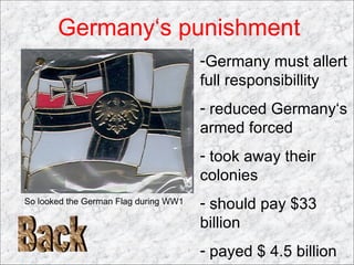 Back Germany‘s punishment Germany must allert full responsibillity reduced Germany‘s armed forced took away their colonies should pay $33 billion payed $ 4.5 billion So looked the German Flag during WW1  