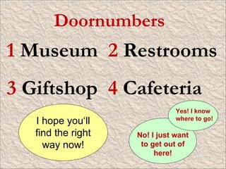 1  Museum  2  Restrooms 3  Giftshop  4  Cafeteria Doornumbers  I hope you‘ll find the right way now! Yes! I know where to go! No! I just want to get out of here! 