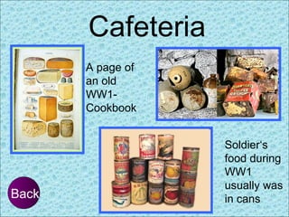 Cafeteria Back Soldier‘s food during WW1 usually was in cans A page of an old WW1-  Cookbook 