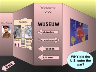 Welcome  to our  MUSEUM Trench Warfare U.S. in WW1 Back causes Who was involved? John J. Pershing WHY did the U.S. enter the war? 